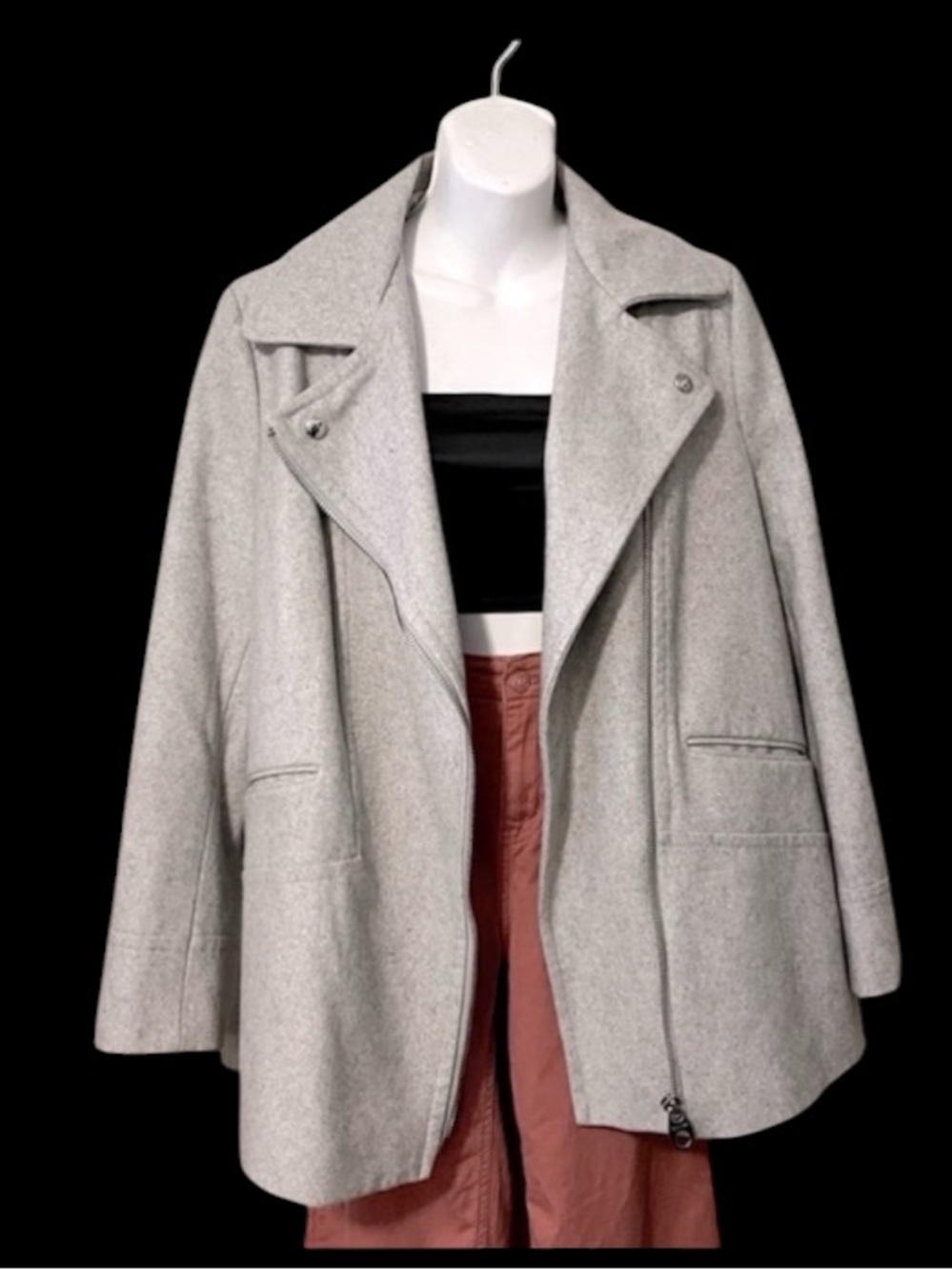 Calvin Klein Women’s Light Heather Grey Wool Blend Asymmetrical Moto Pea Coat L